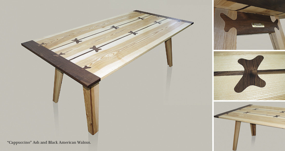 Fishtail Developed Dovetail Joint Butterfly Joint English Ash and Black American Walnut Dining Table by The Fine Wooden Article Company, Gloucestershire, UK.