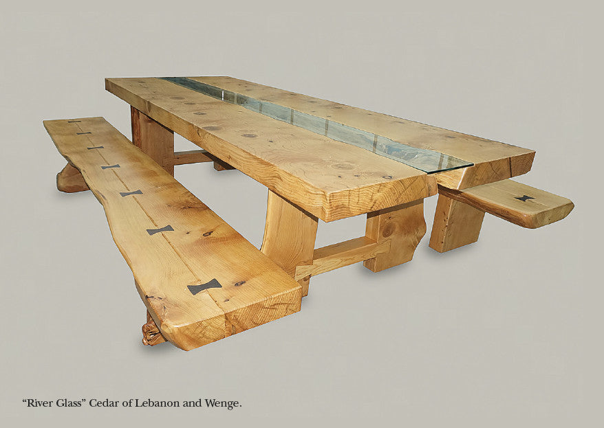 Quality Cedar of Lebanon Banquet Table with Dovetail jointed Legs & feature Butterfly key 	Benches. Designed & hand crafted in our Gloucestershire workshop, UK.