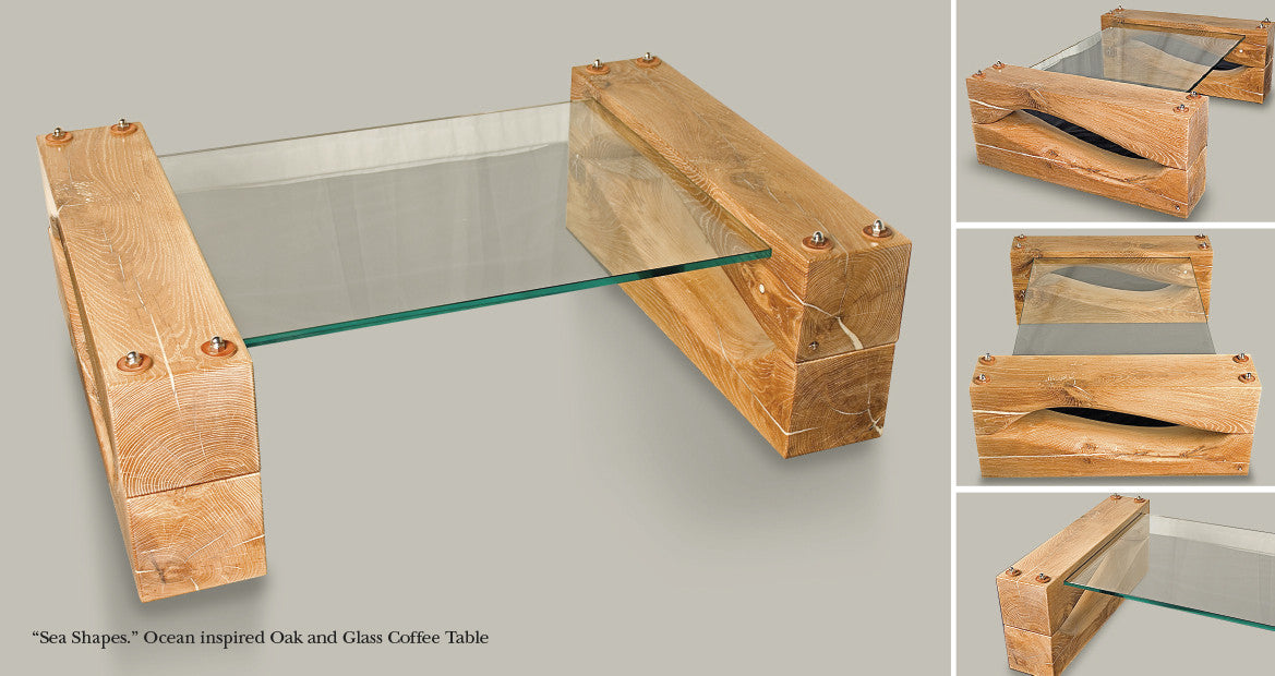 Sea Shapes Oak & Glass Coffee Table, design by The Fine Wooden Article Co., Gloucestershire, UK.