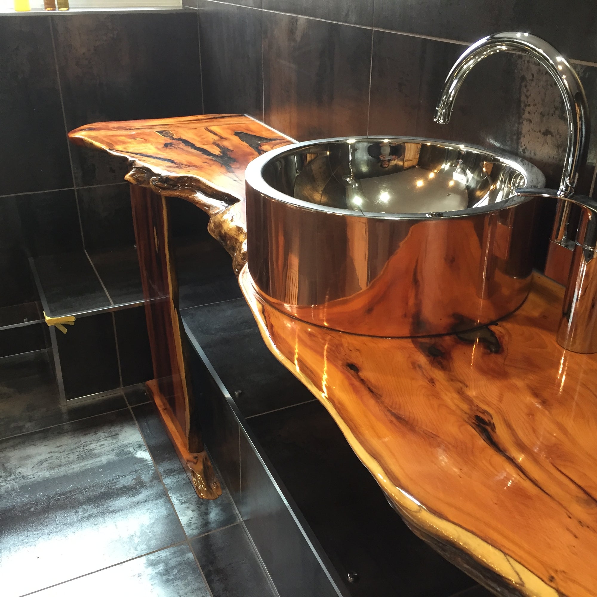 Bespoke Bathroom Project - Bespoke Natural Edged, Ancient Yew Bathroom Vanity worktop with Resin Detailing