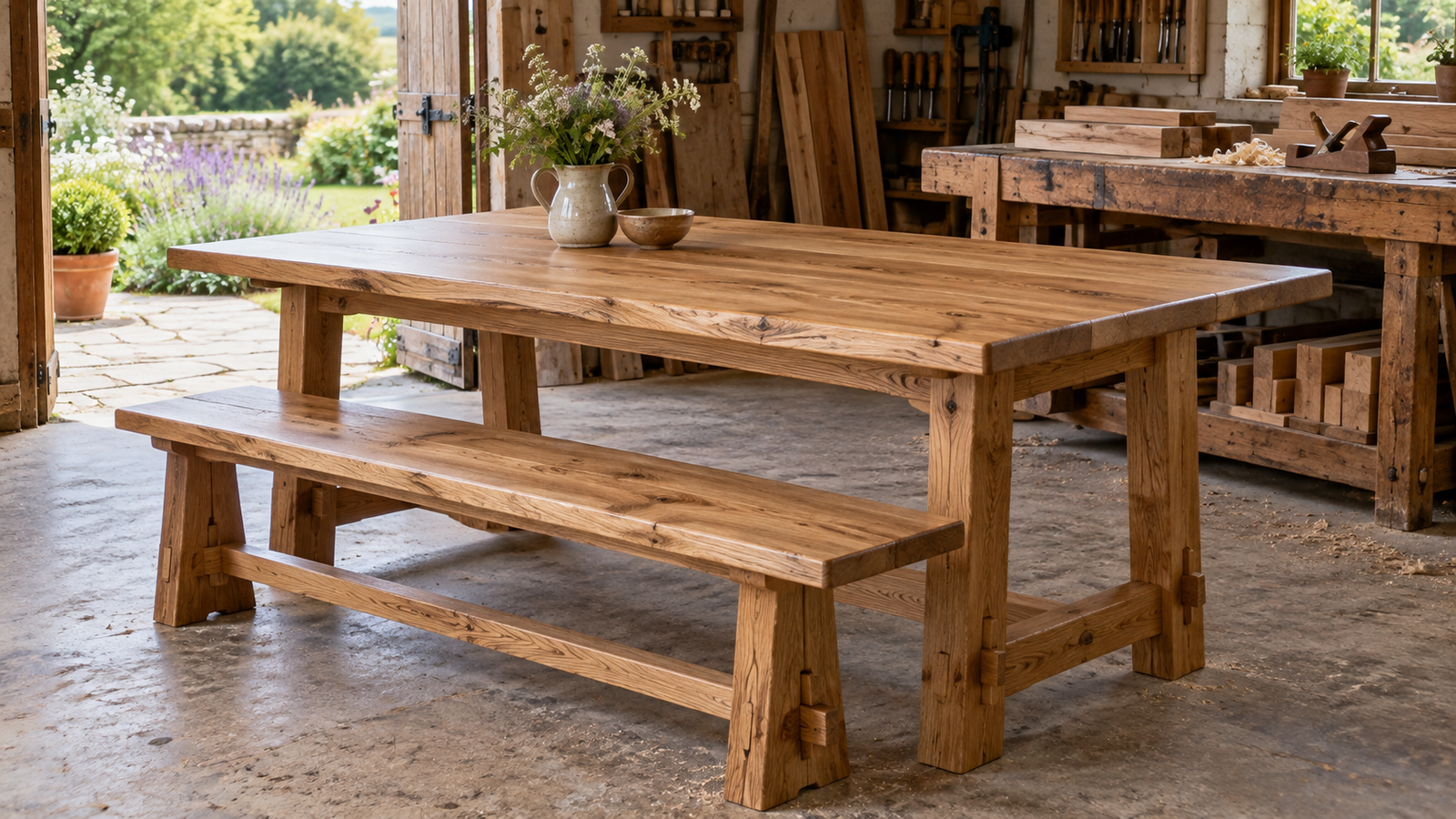 Solid oak table and bench with visible wood grain in a woodworking workshop.