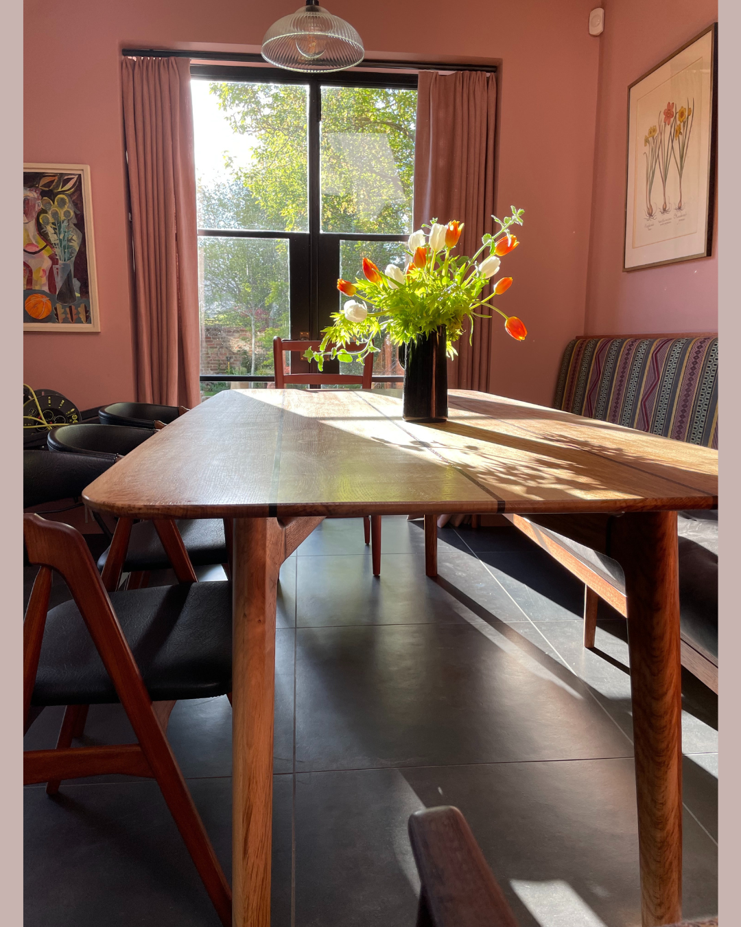 Mid Century Modern Brown Oak &amp; Petrified Bog Oak Dining Table