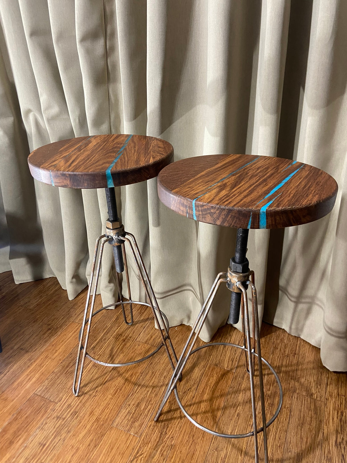 Hardwood Stool with resin detailing and adjustable metal hair pin legs