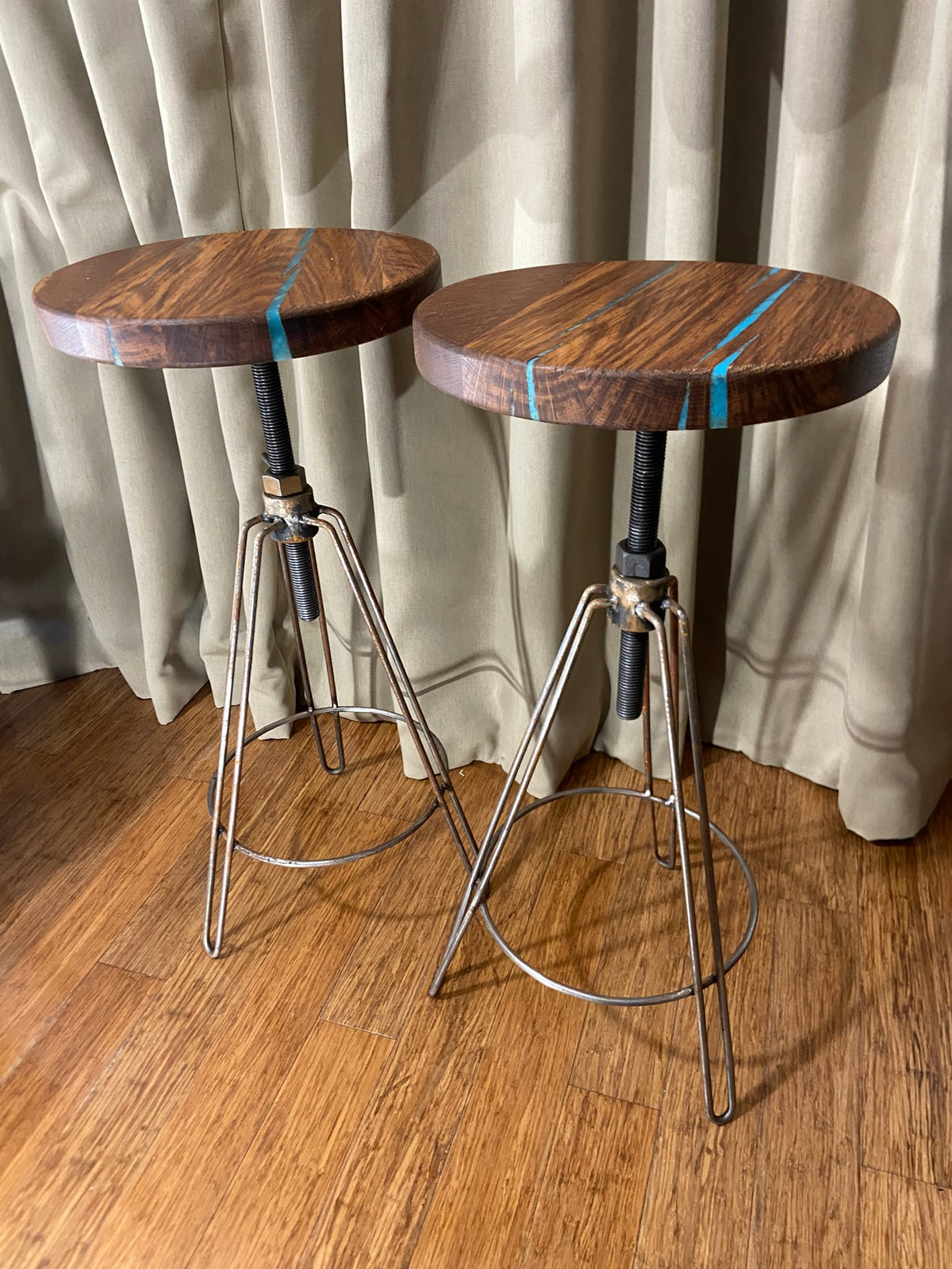Hardwood Stool with resin detailing and adjustable metal hair pin legs