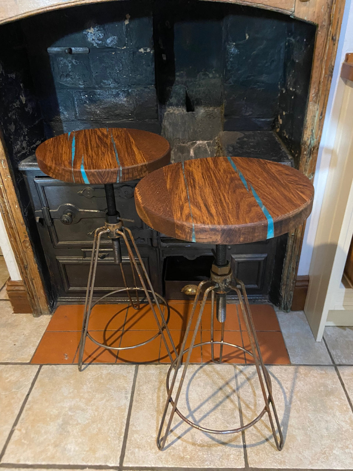Hardwood Stool with resin detailing and adjustable metal hair pin legs