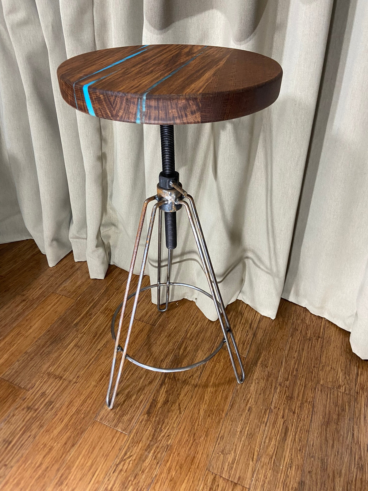 Hardwood Stool with resin detailing and adjustable metal hair pin legs
