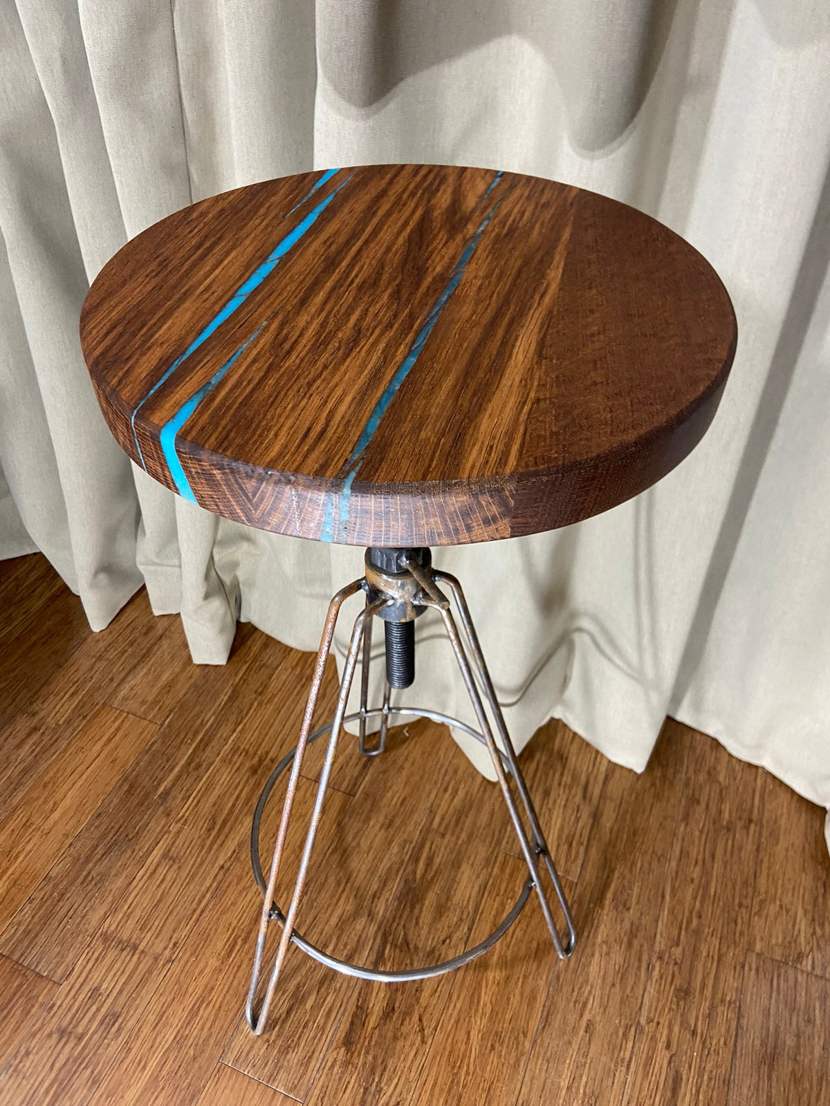 Hardwood Stool with resin detailing and adjustable metal hair pin legs