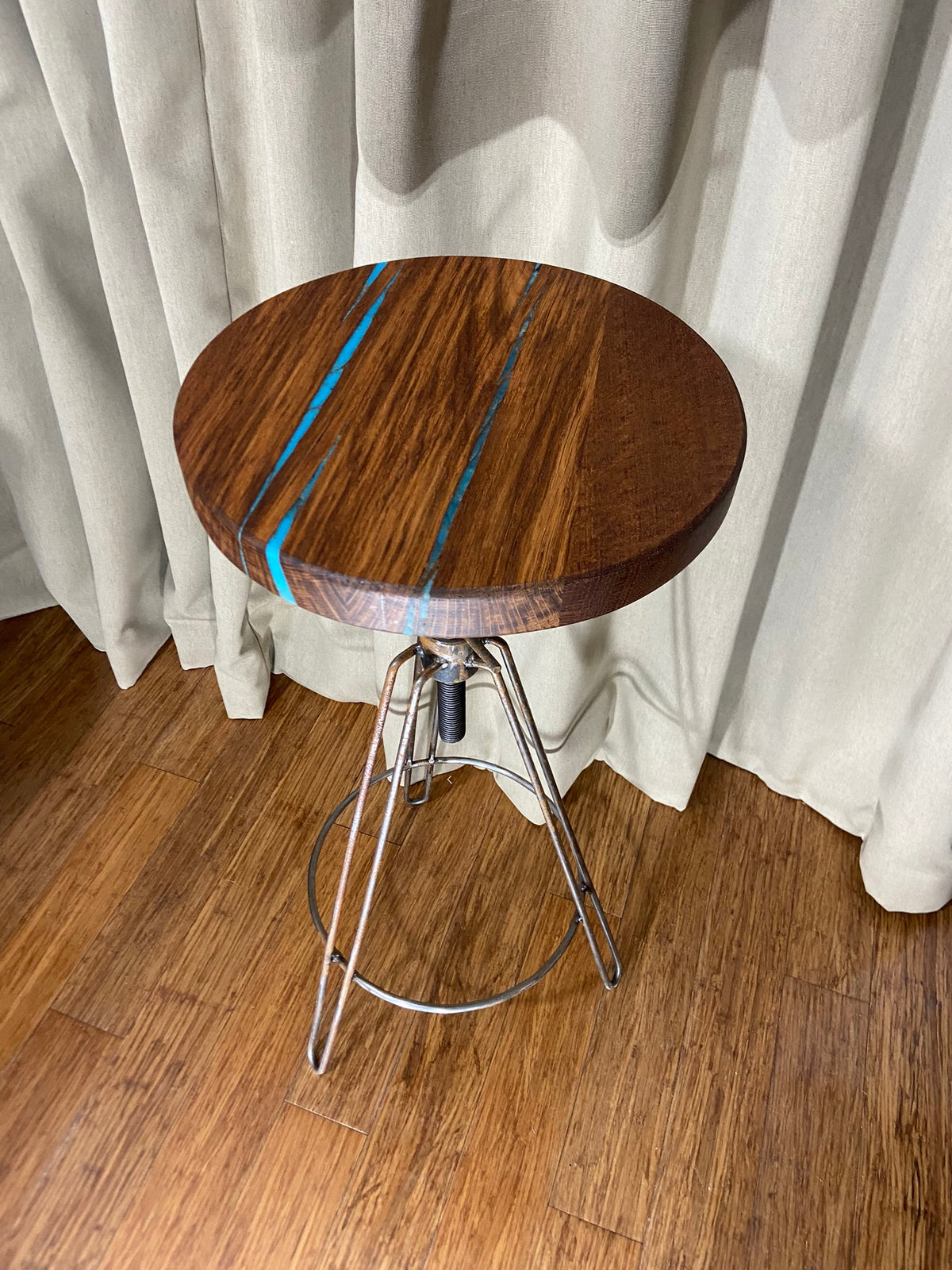 Hardwood Stool with resin detailing and adjustable metal hair pin legs