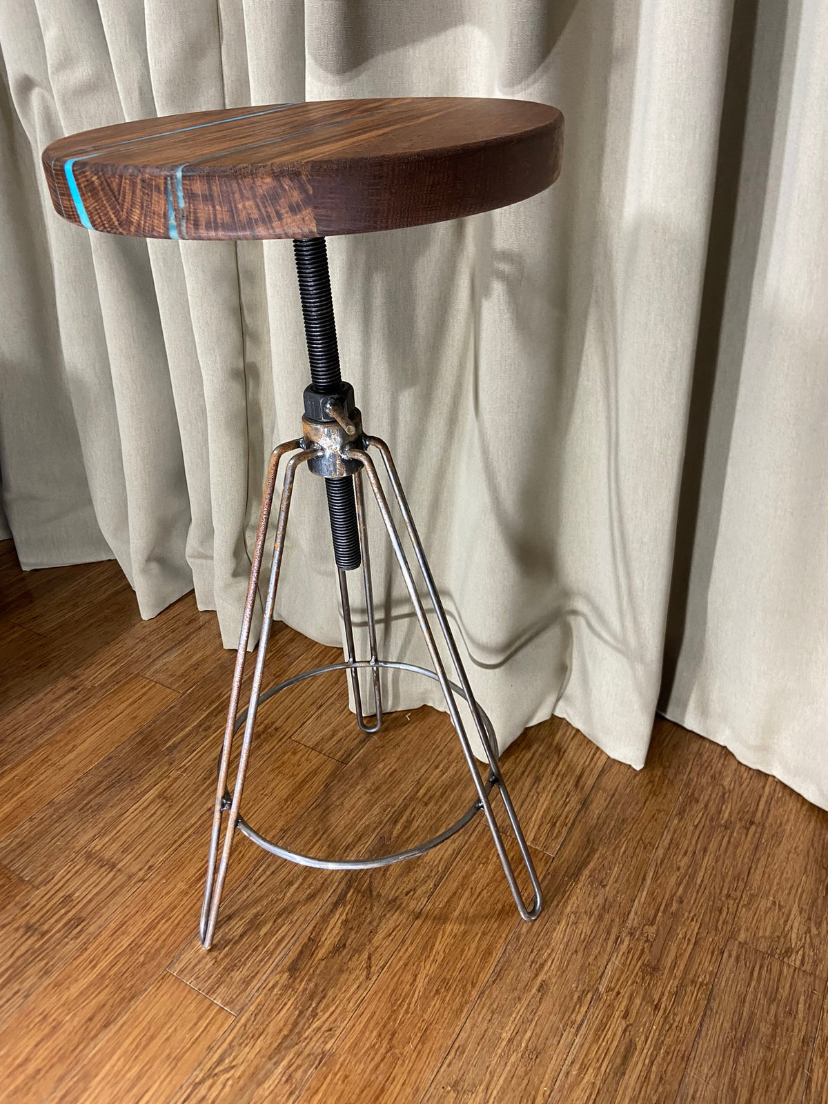 Hardwood Stool with resin detailing and adjustable metal hair pin legs