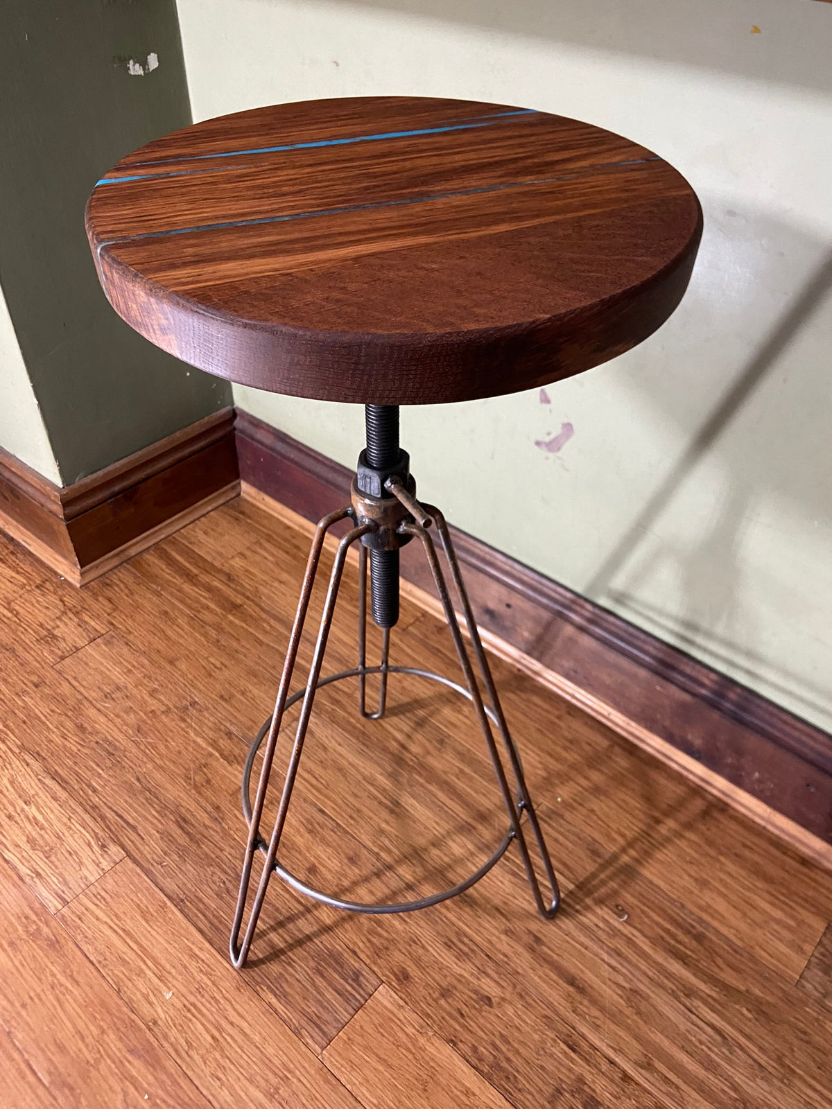 Hardwood Stool with resin detailing and adjustable metal hair pin legs