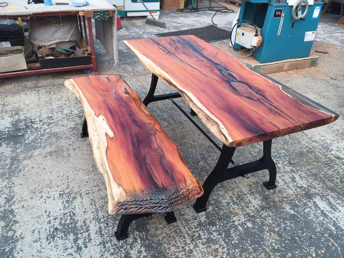 Dining Table and Bench From Ancient Yew, with Epoxy and Cast Iron Legs.