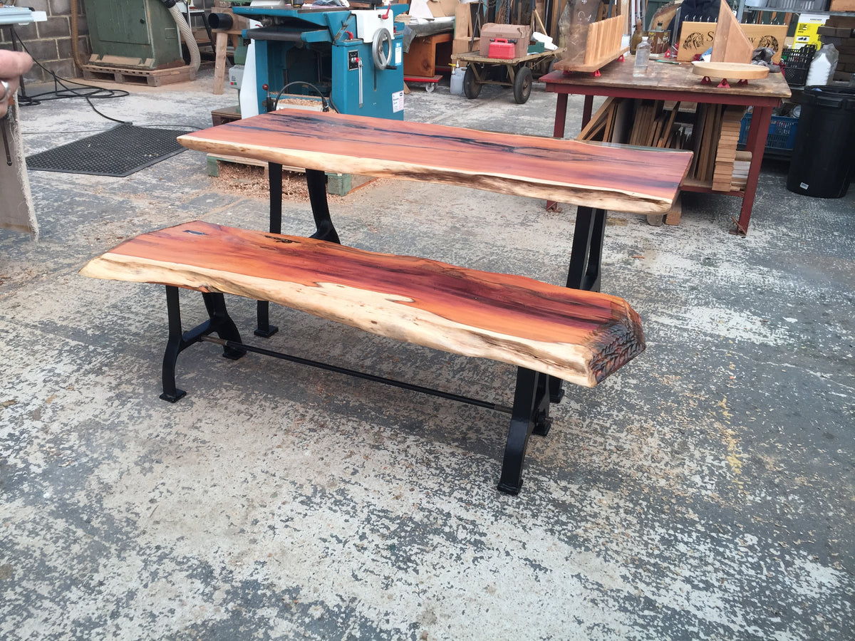 Dining Table and Bench From Ancient Yew, with Epoxy and Cast Iron Legs.