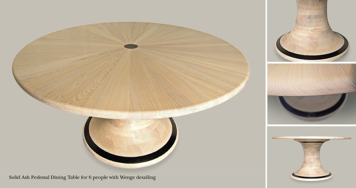 Solid Ash &amp; Wenge round dining table, handcrafted from sustainable woods by The Fine Wooden Article Company, Gloucestershire, UK. Light &amp; Dark wood, wedge inlay.