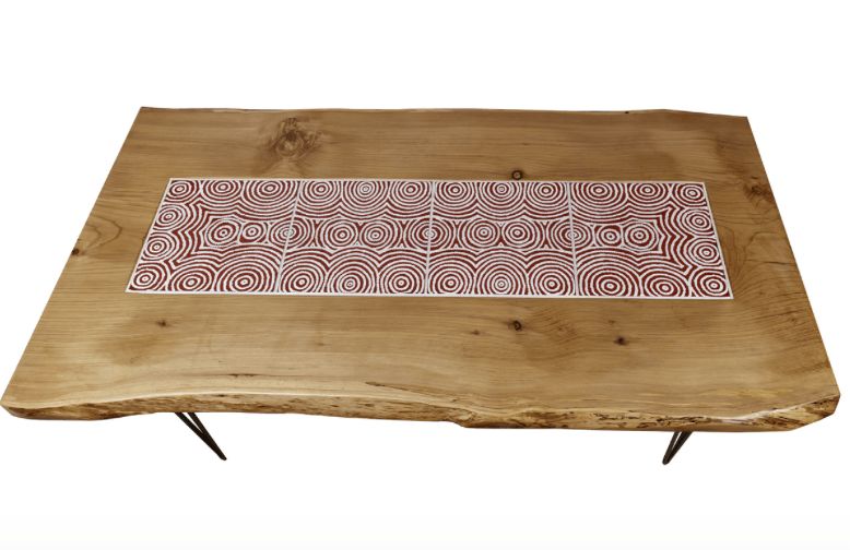 Cedar of Lebanon &amp; Australian Aboriginal Art Ceramic Tile My Country Bush Onion 2 sequence by Bay Gallery Home, with steel hair pin legs. The Fine Wooden Article Co., Gloucestershire, UK.