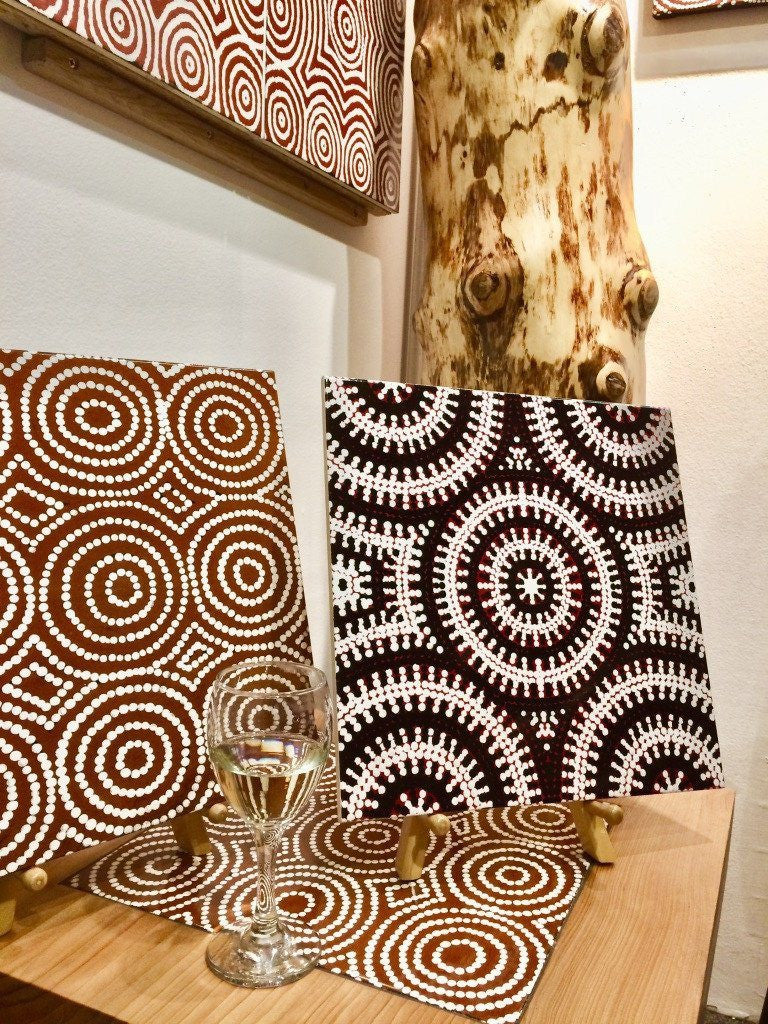 Cedar of Lebanon &amp; Australian Aboriginal Art Ceramic Tile My Country Emu Dreaming, Bush Onion 1 &amp; Bush Onion 2 by Bay Gallery Home, with steel hair pin legs. The Fine Wooden Article Co., Gloucestershire, UK.