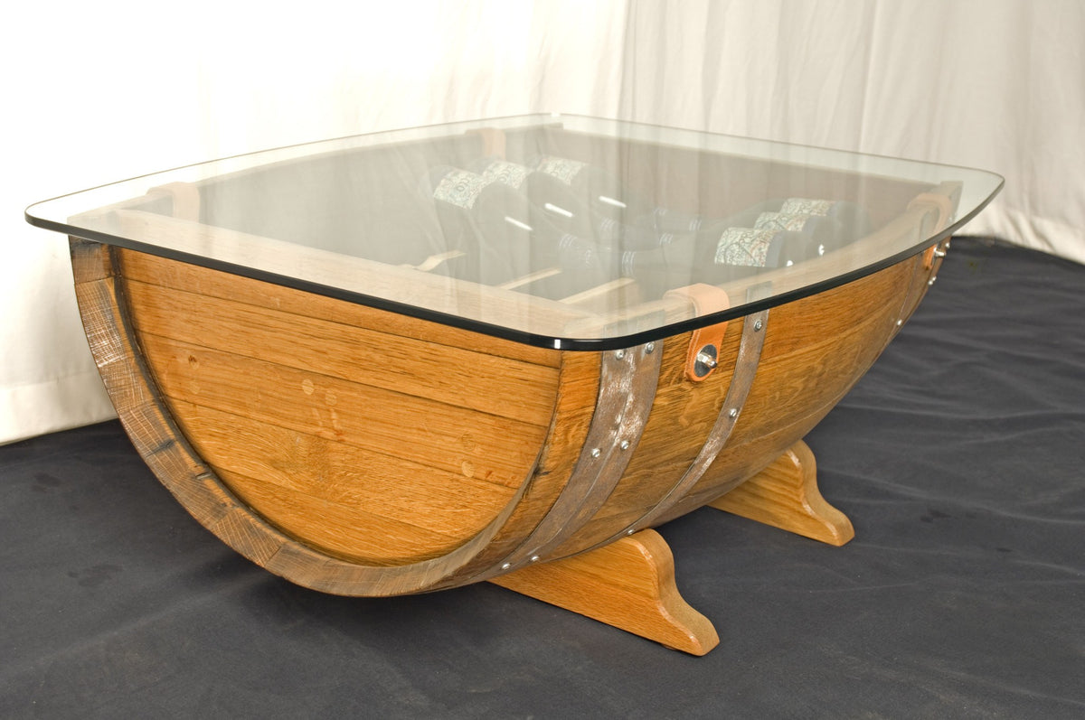 Glass Top &amp; Solid Oak Coffee Table &amp; Wine Rack design from vintage red wine oak barrel for the home, finely handcrafted in our Gloucestershire workshop, UK. The Fine Wooden Article Company. 