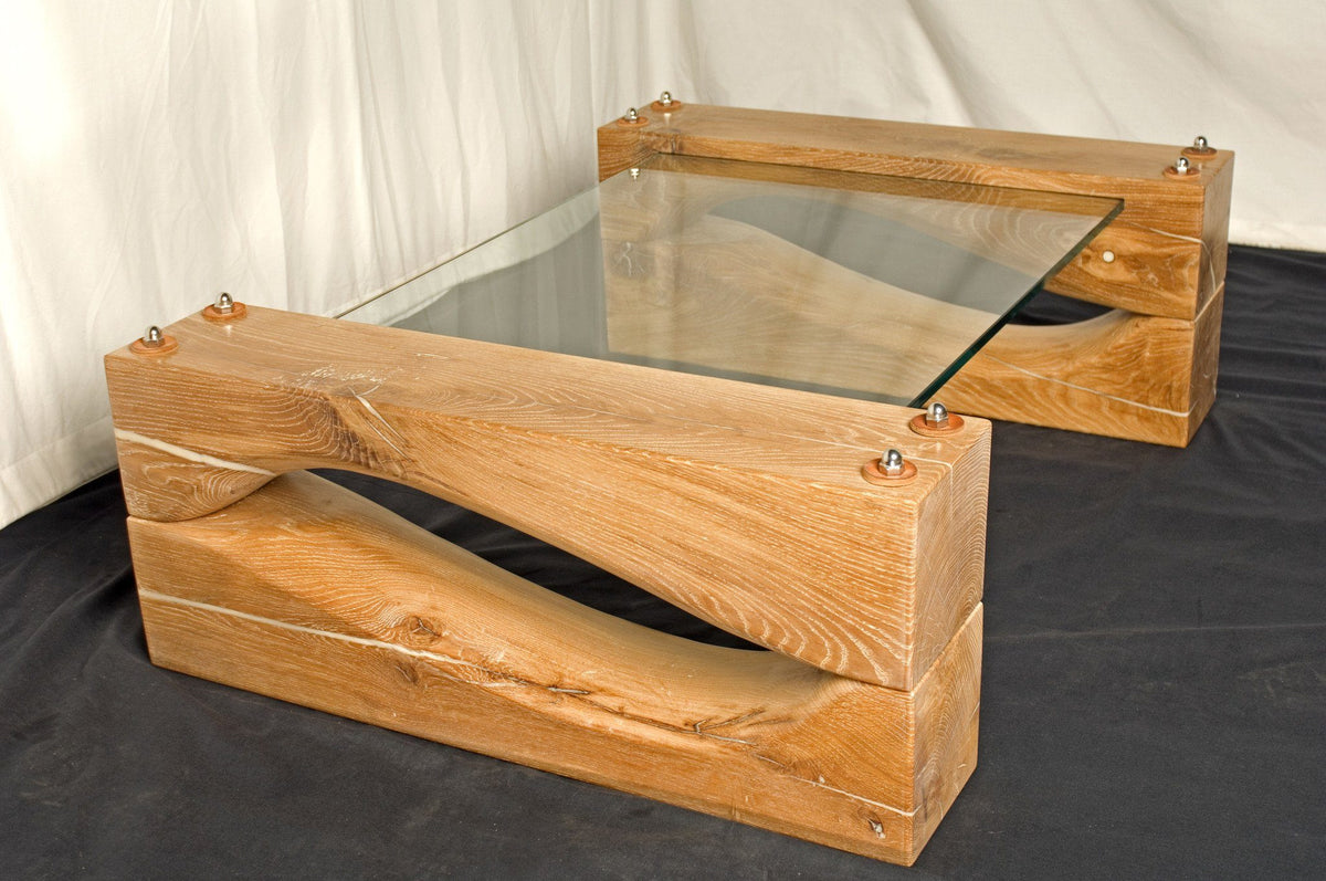 Solid Oak &amp; Glass Coffee Table Sustainably Sourced 100 year old Oak Finely Hand Crafted Design Inspired by the Ocean Woodcraft. The Fine Wooden Article Company, Gloucestershire, UK.