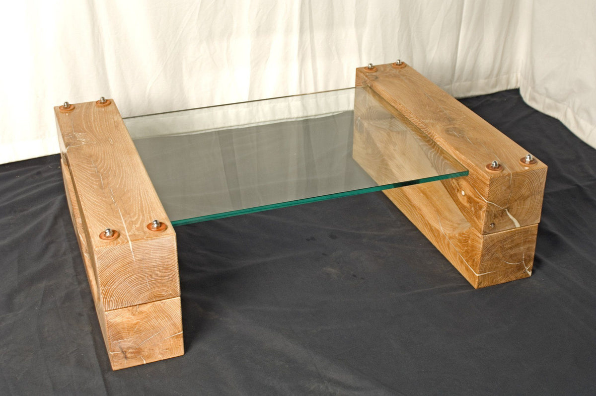 Solid Oak &amp; Glass Coffee Table Sustainably Sourced 100 year old Oak Finely Hand Crafted Design Inspired by the Ocean Woodcraft. The Fine Wooden Article Company, Gloucestershire, UK.