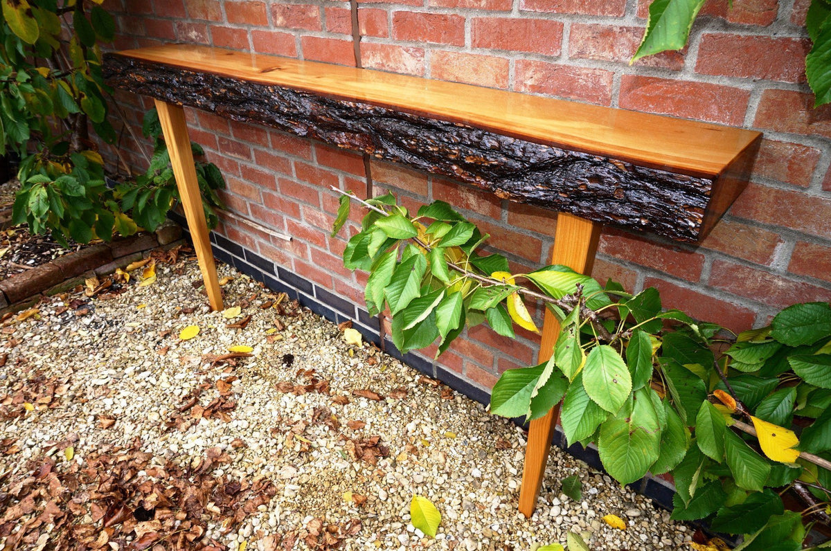 An exquisite, proportionally accurate solid Cedar Console with bark &amp; natural edges for home interiors, finely handcrafted in our Gloucestershire workshop, UK. The Fine Wooden Article Company.