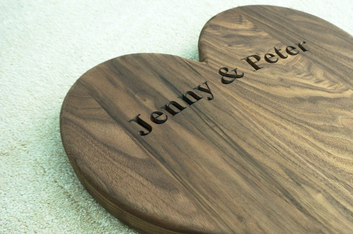 Solid oak or walnut hardwood heart-shaped kitchen, cake, cheese board, bespoke engraving gifts &amp; accessories handcrafted by the Fine Wooden Article Company. Large