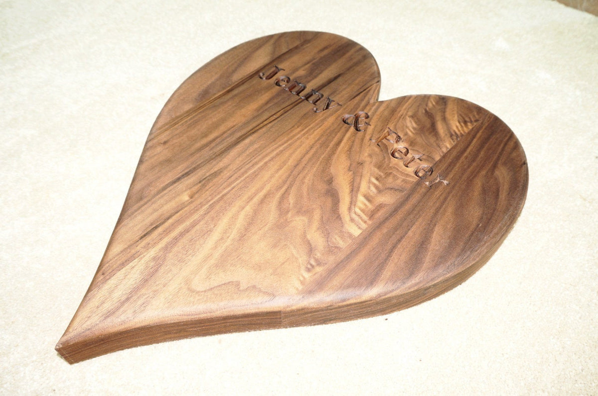 Solid oak or walnut hardwood heart-shaped kitchen, cake, cheese board, bespoke engraving gifts &amp; accessories handcrafted by the Fine Wooden Article Company. Large.