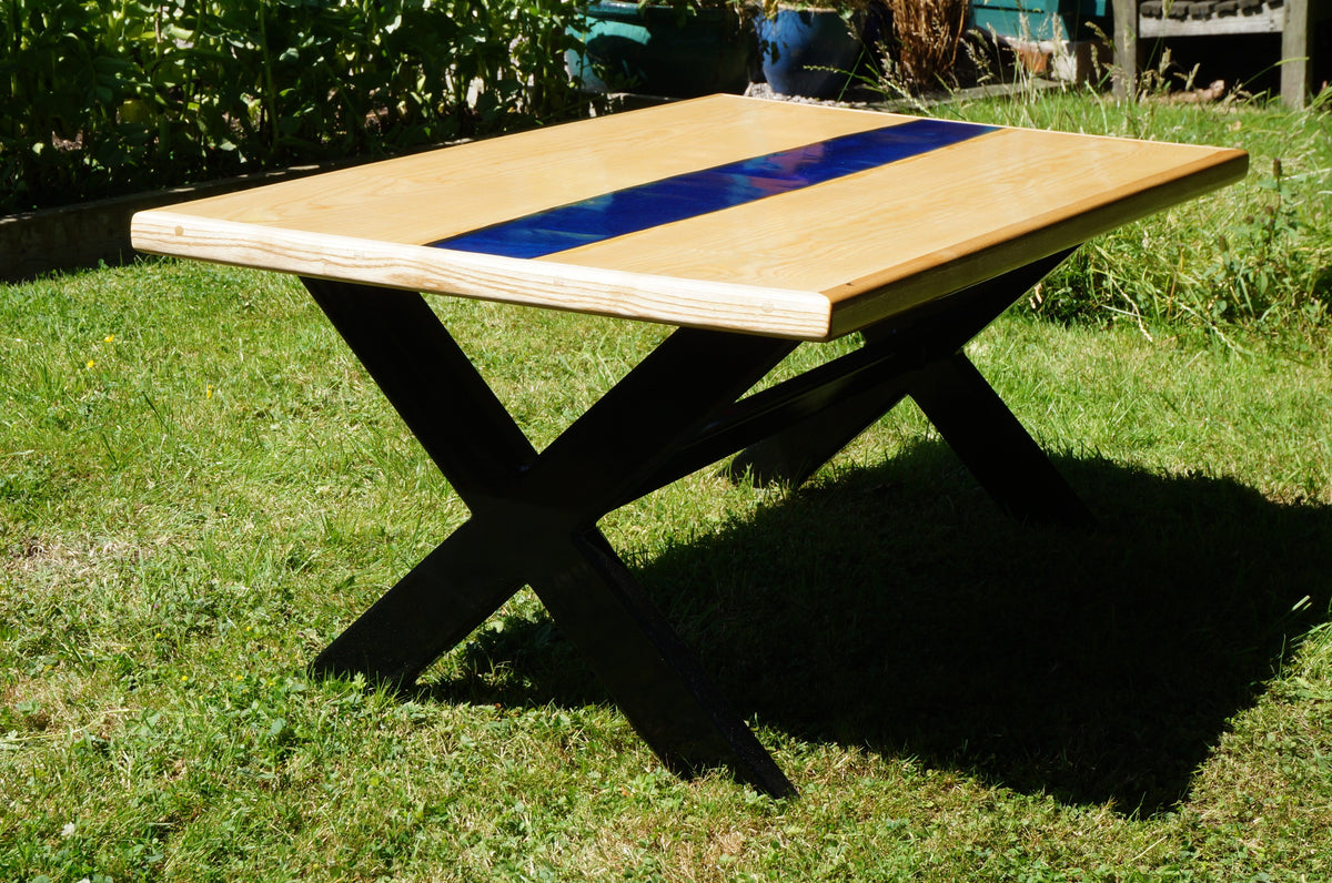 Ash River Coffee Table, with metal legs.
