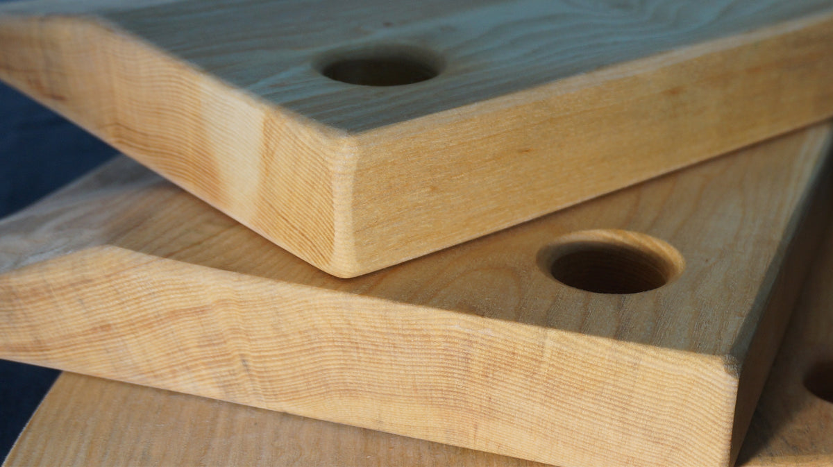 Ash Carving Board. (Natural Edged, with thumb hole.) 37cm x 25-30cm x D 4cm