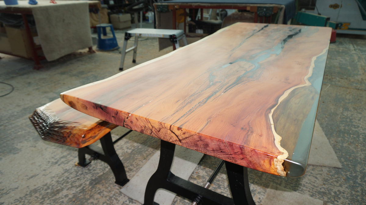 Dining Table and Bench From Ancient Yew, with Epoxy and Cast Iron Legs.