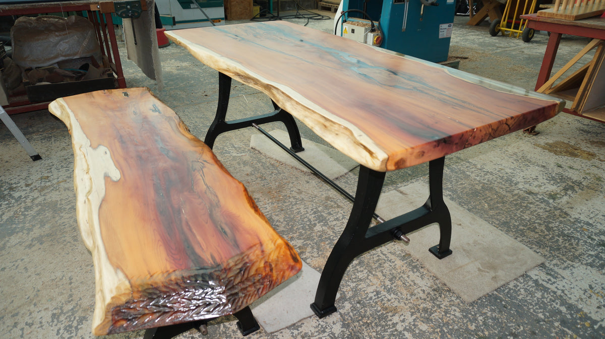 Dining Table and Bench From Ancient Yew, with Epoxy and Cast Iron Legs.