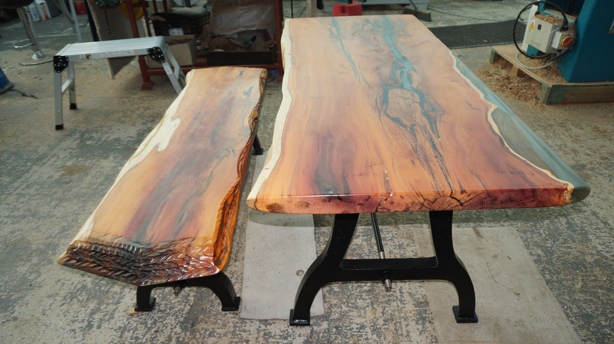 Dining Table and Bench From Ancient Yew, with Epoxy and Cast Iron Legs.