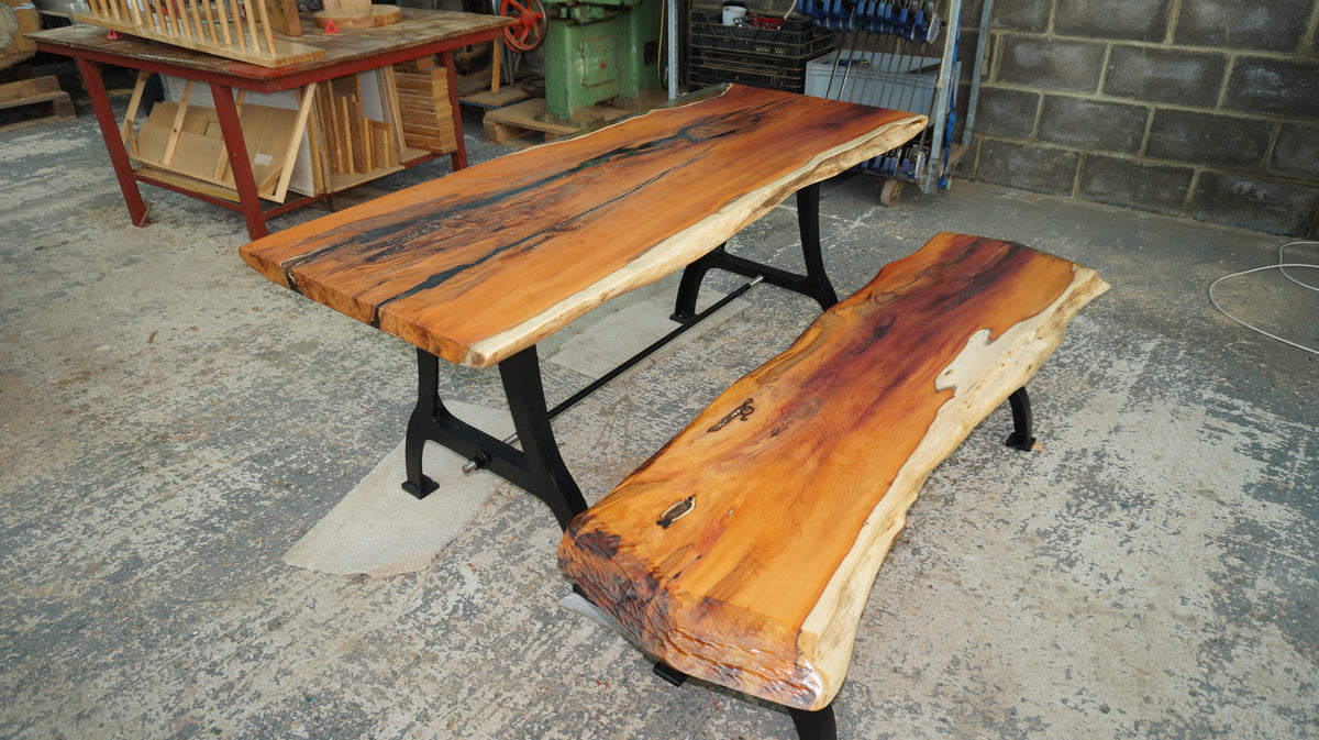 Dining Table and Bench From Ancient Yew, with Epoxy and Cast Iron Legs.