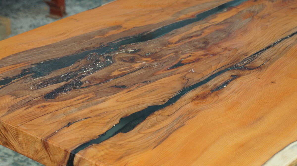 Dining Table and Bench From Ancient Yew, with Epoxy and Cast Iron Legs.