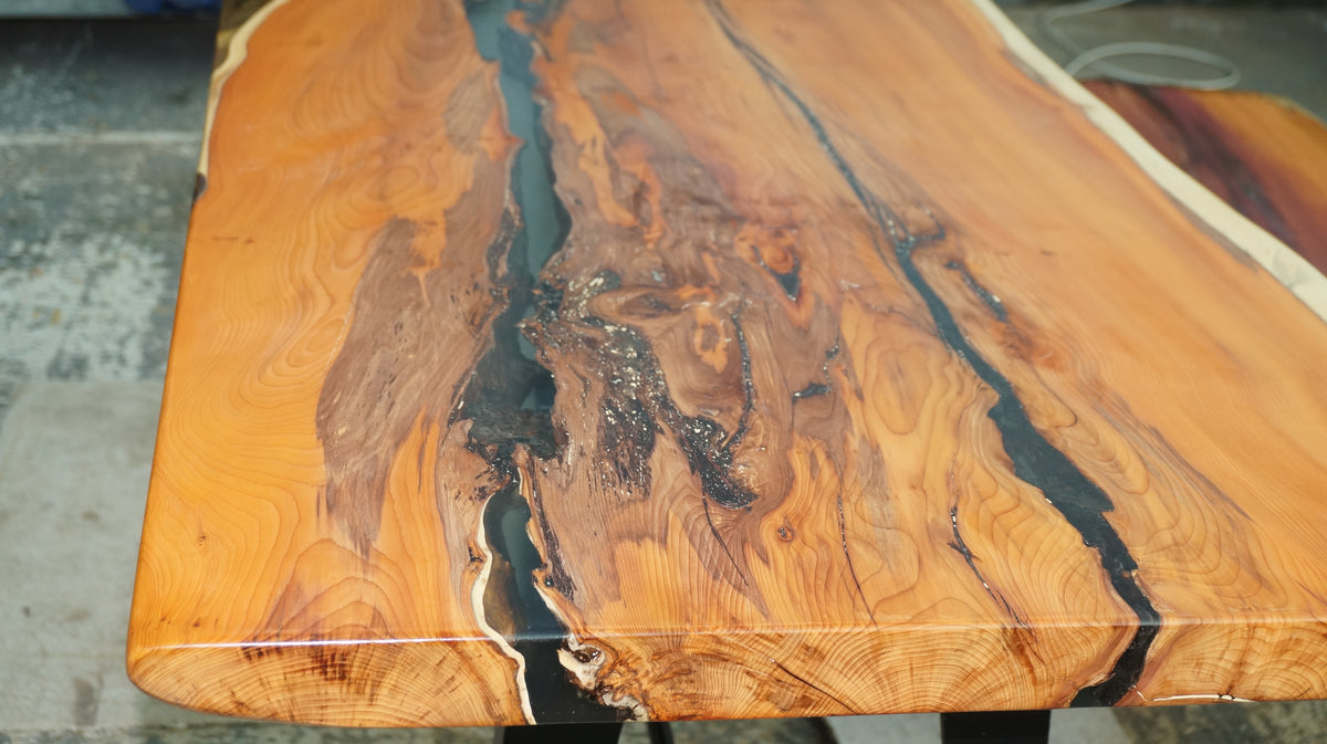 Dining Table and Bench From Ancient Yew, with Epoxy and Cast Iron Legs.