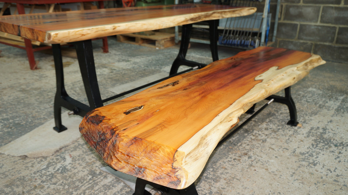 Dining Table and Bench From Ancient Yew, with Epoxy and Cast Iron Legs.