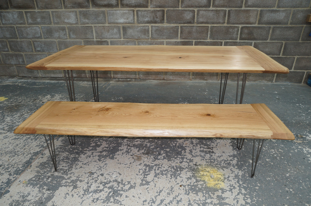 ROSS TABLE AND MARY BENCH Solid English Oak Dining Table and bench set, Natural edged.