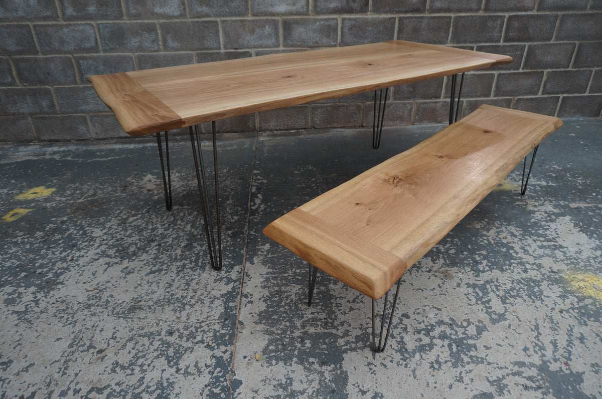 ROSS TABLE AND MARY BENCH Solid English Oak Dining Table and bench set, Natural edged.