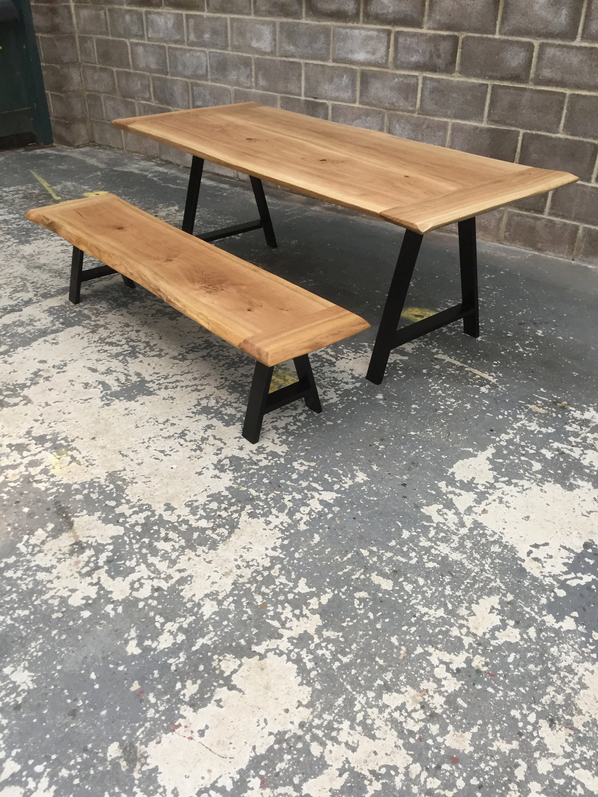 ROSS TABLE AND MARY BENCH Solid English Oak Dining Table and bench set, Natural edged.