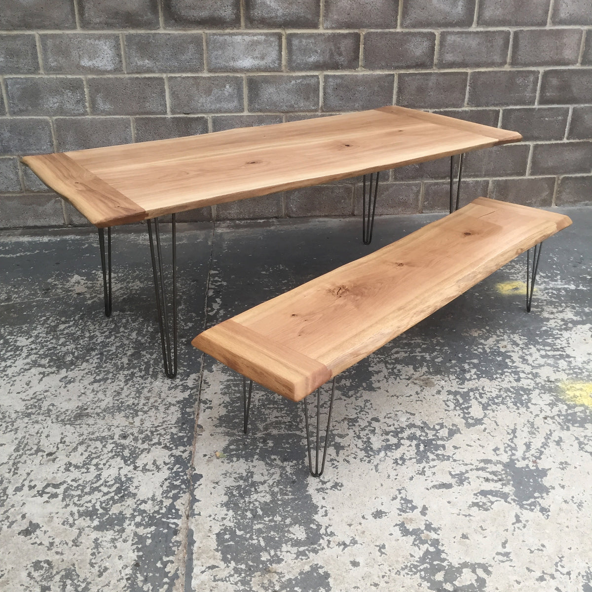 ROSS TABLE AND MARY BENCH Solid English Oak Dining Table and bench set, Natural edged.