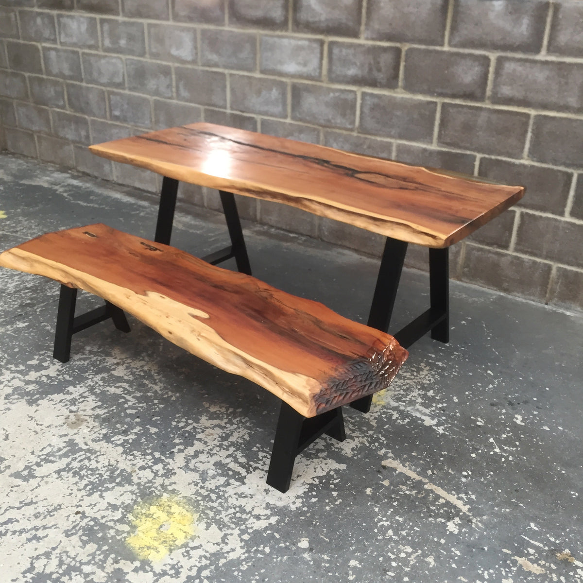 Dining Table and Bench From Ancient Yew, with Epoxy and Cast Iron Legs.