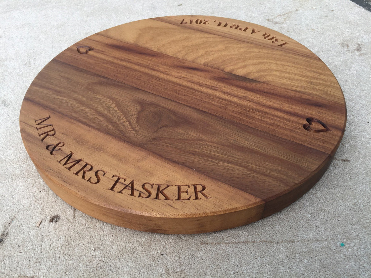 Bespoke engraved solid oak / walnut large round cake / cheese board gifts &amp; accessories handcrafted from sustainable wood by The Fine Wooden Article Company.
