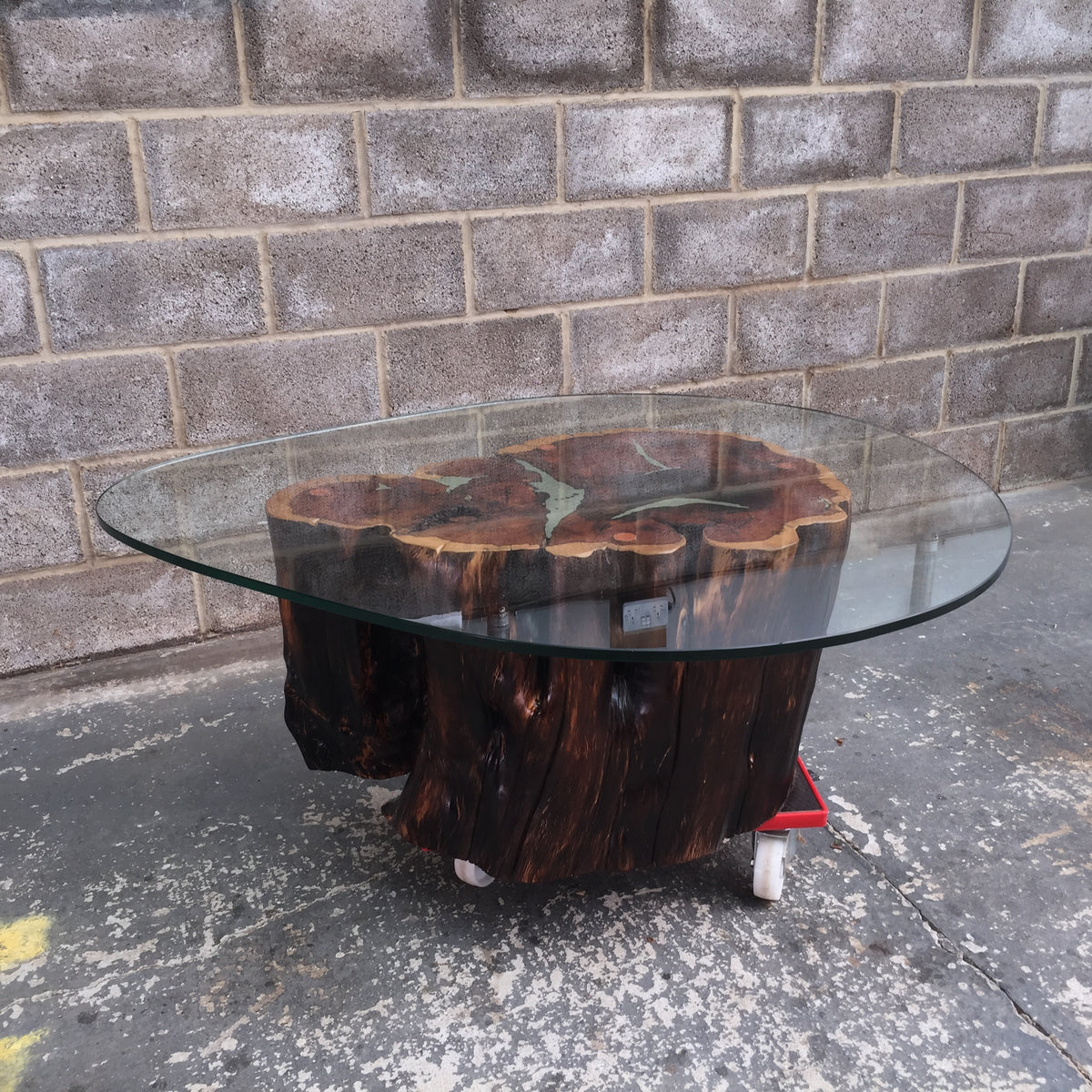 Yew Stump Coffee Table With Tear Drop Glass Top