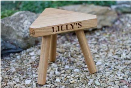 Child Solid Oak Milking Stool Three Legs Engraved Personalise Handcrafted from Sustainably Sourced Wood. The Fine Wooden Article Company, Gloucestershire, UK.