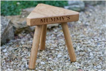 Mummy Medium Solid Oak Milking Stool Three Legs Engraved Personalise Handcrafted from Sustainably Sourced Wood. The Fine Wooden Article Company, Gloucestershire, UK.