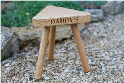 Daddy Large Solid Oak Milking Stool Three Legs Engraved Personalise Handcrafted from Sustainably Sourced Wood. The Fine Wooden Article Company, Gloucestershire, UK.