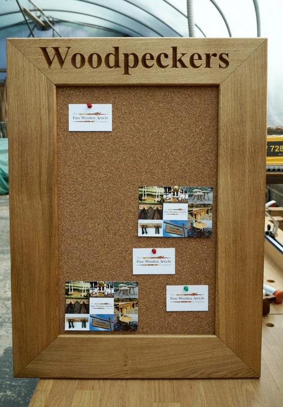 An elegant &amp; durable Solid Oak frame Corkboard for use in a kitchen, study or office. Handcrafted &amp; beautifully finished in our Gloucestershire workshop, UK. The Fine Wooden Article Company.